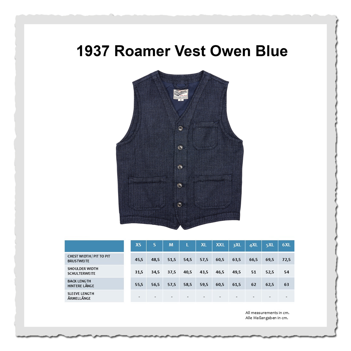 Masstabelle Pike Brothers 1937 Roamer Vest Owen Blue